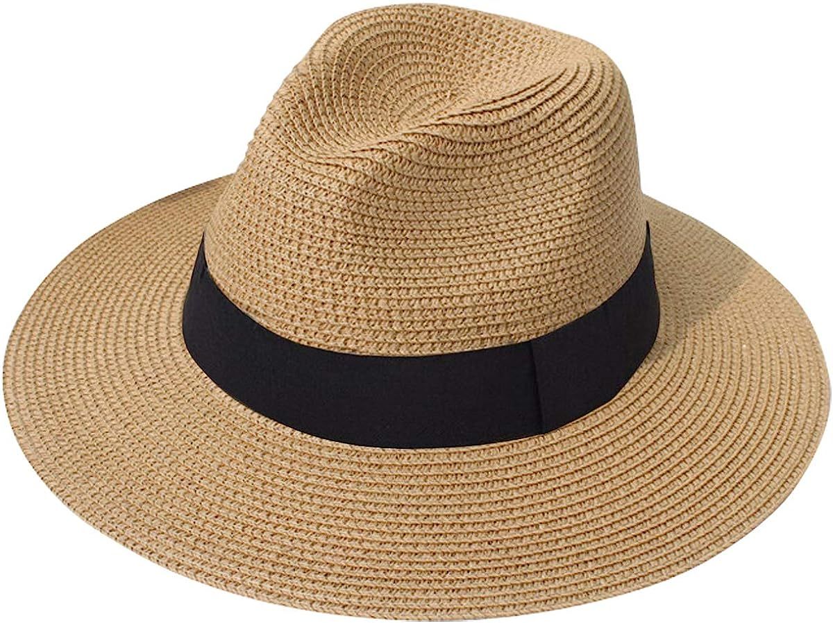 Lanzom Women Wide Brim Straw Panama Roll up Hat Belt Buckle Fedora Beach Sun Hat UPF50+ | Amazon (US)