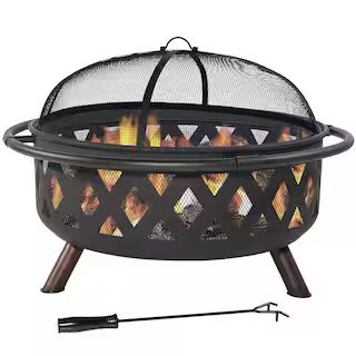 Sunnydaze Decor Black Cross Weave 36 in. x 24 in. Round Steel Wood Burning Fire Pit with Spark Sc... | The Home Depot