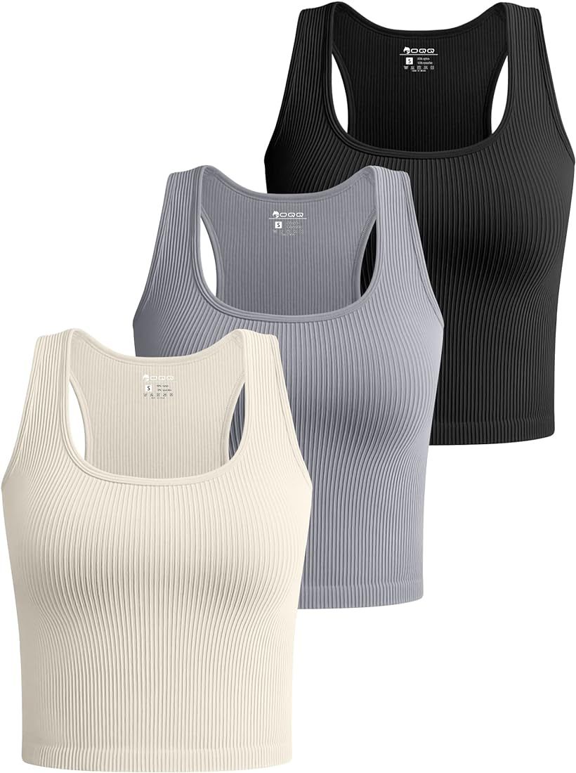 OQQ Women's 3 Piece Crop Tank Tops Ribbed Seamless Workout Sleeveless Shirts Racerback Crop Tops | Amazon (US)