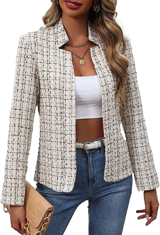 Mina Self 2026 Spring Women's Tweed Plaid Blazer Jacket - Fully Lined Open Front Stand Collar Cas... | Amazon (US)