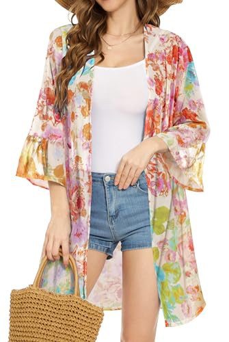 Womens Floral Kimono Cardigans Beach Coverup Loose Puff Sleeve Tops Casual Blouse (Colorful Flowers, XXL) | Amazon (US)