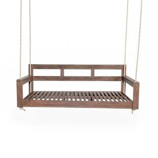 Dark Brown 2-Person Acacia Wood Porch Swing Bed with High Back and Armrests and 118 in. Hemp Ropes | The Home Depot