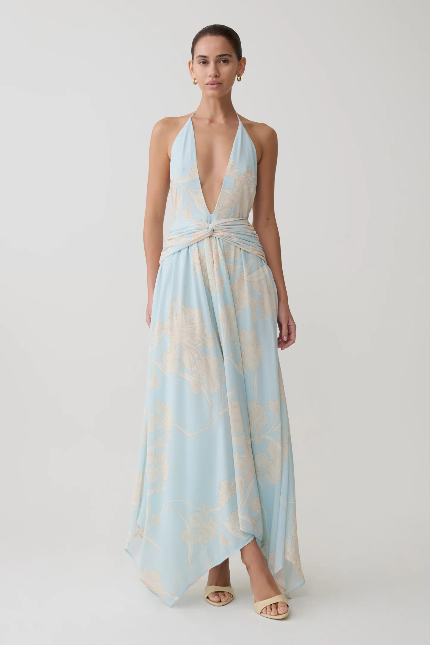 Plunge Chiffon Midi Dress - Blue Floral Print | MESHKI US