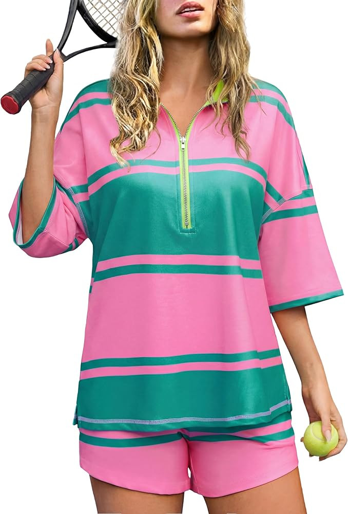 Totatuit Striped Short Sets for Women 2 Piece Outfits Summer Tracksuit Oversized Workout Travel L... | Amazon (US)