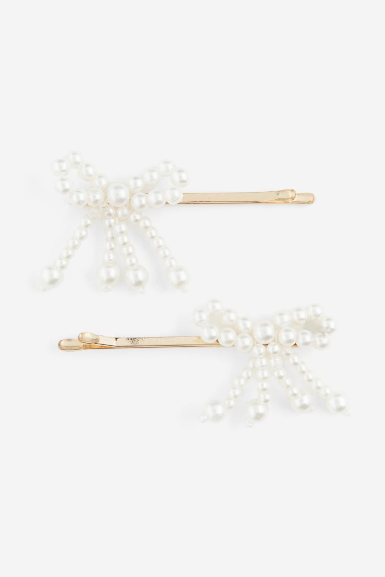 2-pack bow-detail hair pins - Gold-coloured/White - Ladies | H&M GB | H&M (UK, MY, IN, SG, PH, TW, HK)