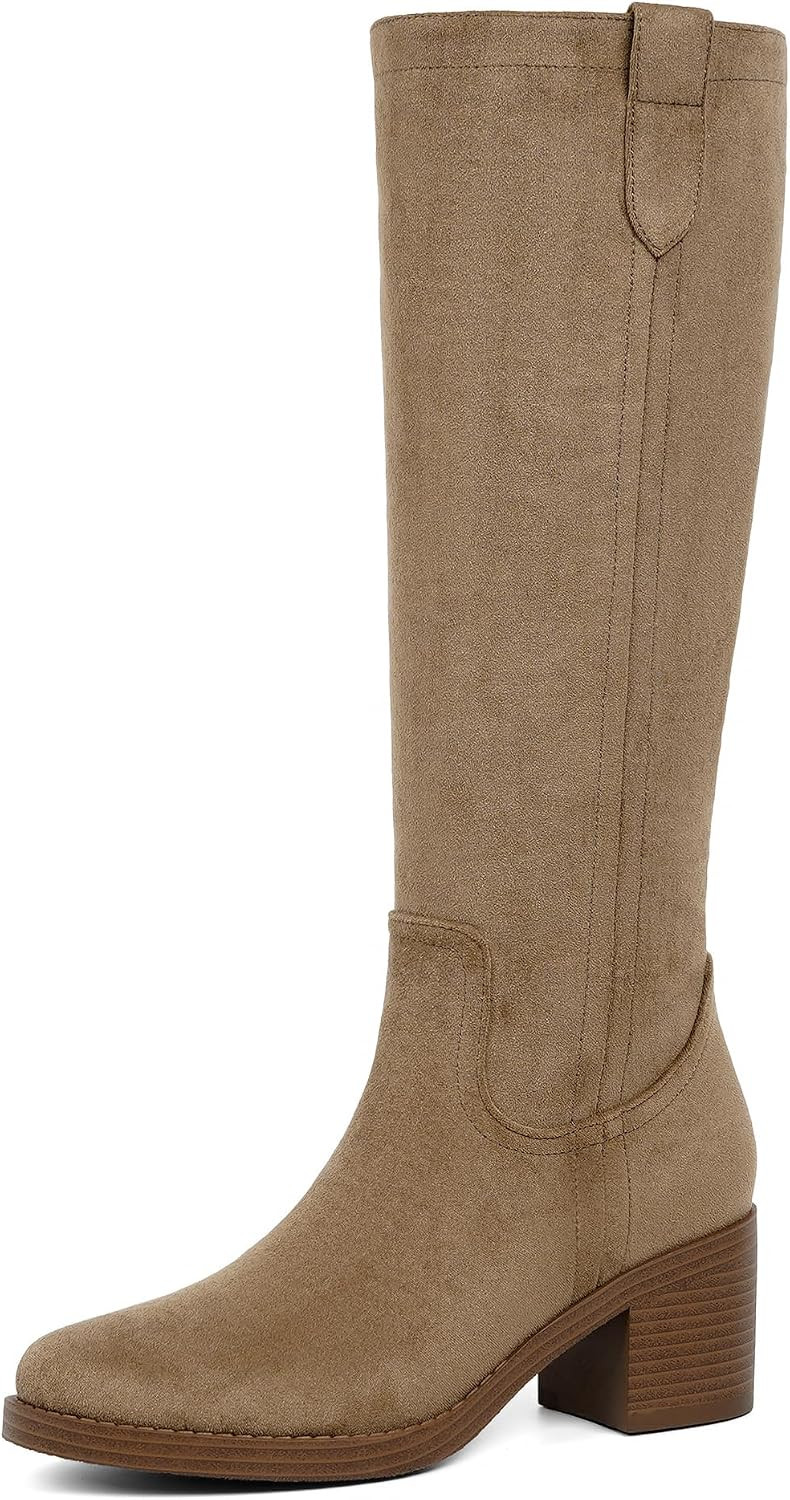 Knee High Boots for Women Chunky Low Heel Round Toe Tall Long Boots | Amazon (US)