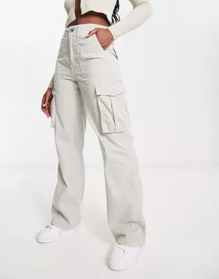 Bershka straight leg cargo trousers in stone | ASOS (Global)