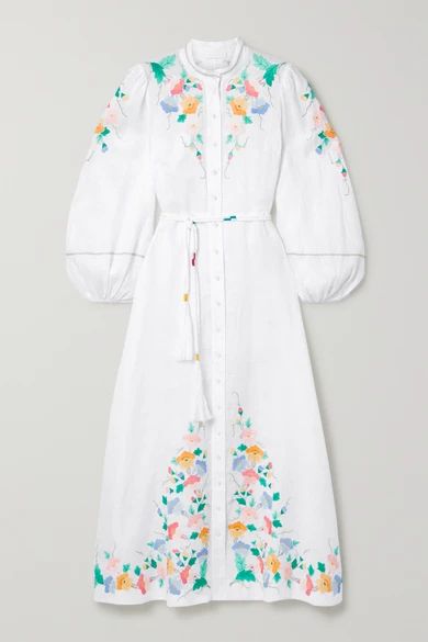 Zimmermann - Fiesta Belted Embroidered Linen Maxi Dress - Ivory | NET-A-PORTER (US)