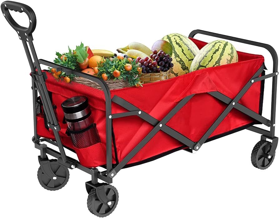Small Red Portable Wagon, Collapsible Folding Utility Camping Wagon Cart with Wheels Foldable Out... | Amazon (US)