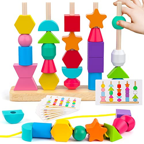 Montessori Wooden Beads Sequencing Toy Set, Stacking Blocks & Lacing Beads & Matching Shape Stacker for 2 3 4 5 Year Old STEM Preschool Learning Montessori Toys Gifts for Kids Boy Girl Toddler | Amazon (US)