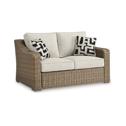 Signature Design by Ashley Beachcroft Casual Nuvella Weather Resistant Fabric, Resin Wicker Outdoor Loveseat with Cushion and 2 Accent Pillows, Dark Brown & Beige | Amazon (US)