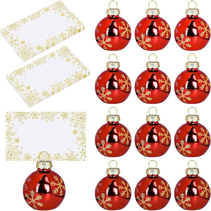 Whaline 12 Packs Christmas Ornament Place Card Holders with Gold Snowflake Name Cards Xmas Red Ba... | Amazon (US)