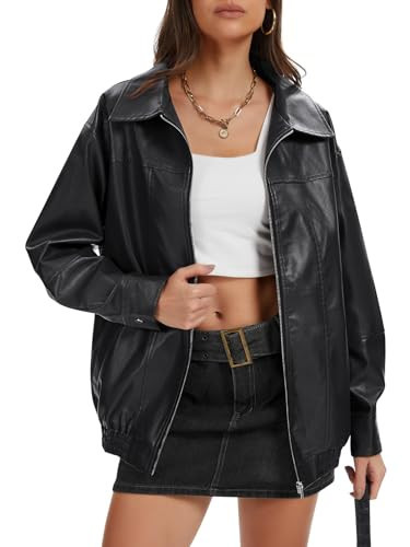 grewley Black Leather Jacket Womens Jacket Faux Oversized Motorcycle Bomber Y2K Night Out Jacket Black XXL | Amazon (US)