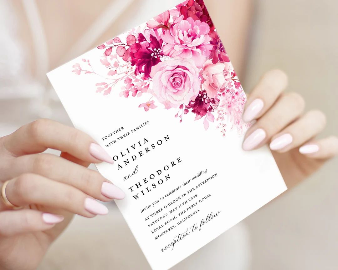 Hot Pink Wedding Invitation Template, Floral Elegant Magenta Wedding Invites Card, Printable Brig... | Etsy (US)