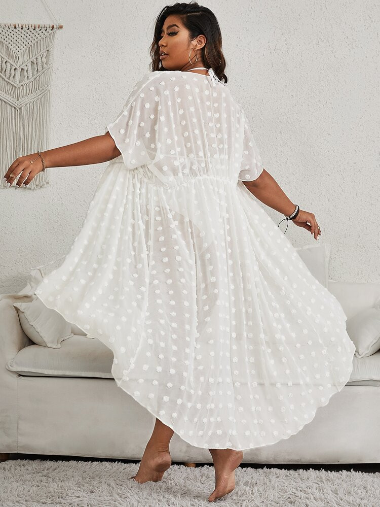 Plus Swiss Dot Batwing Sleeve Drawstring Waist Kimono | SHEIN