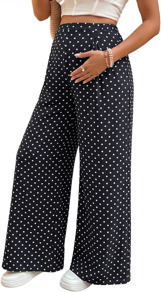 BLENCOT Polka Dots Maternity Pants High Waist Double Layer Wide Leg Pregnancy Trousers for Casual... | Amazon (US)