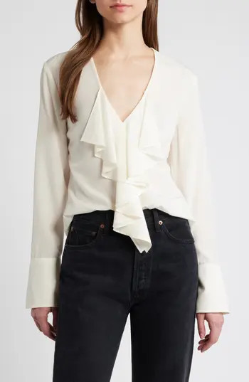 FRAME Ruffle Front Long Sleeve Silk Top in Cream at Nordstrom Rack, Size Large | Nordstrom Rack