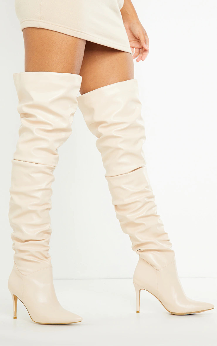 Cream Slouch Mid Heel Point Toe Thigh High Boot | PrettyLittleThing US