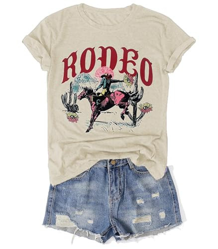 Western Rodeo Shirt for Women Retro Cowboy Graphic Tee Cowgirl Country Music T Shirt Cow Skull Print Tops Casual Tops (Medium, Cream) | Amazon (US)