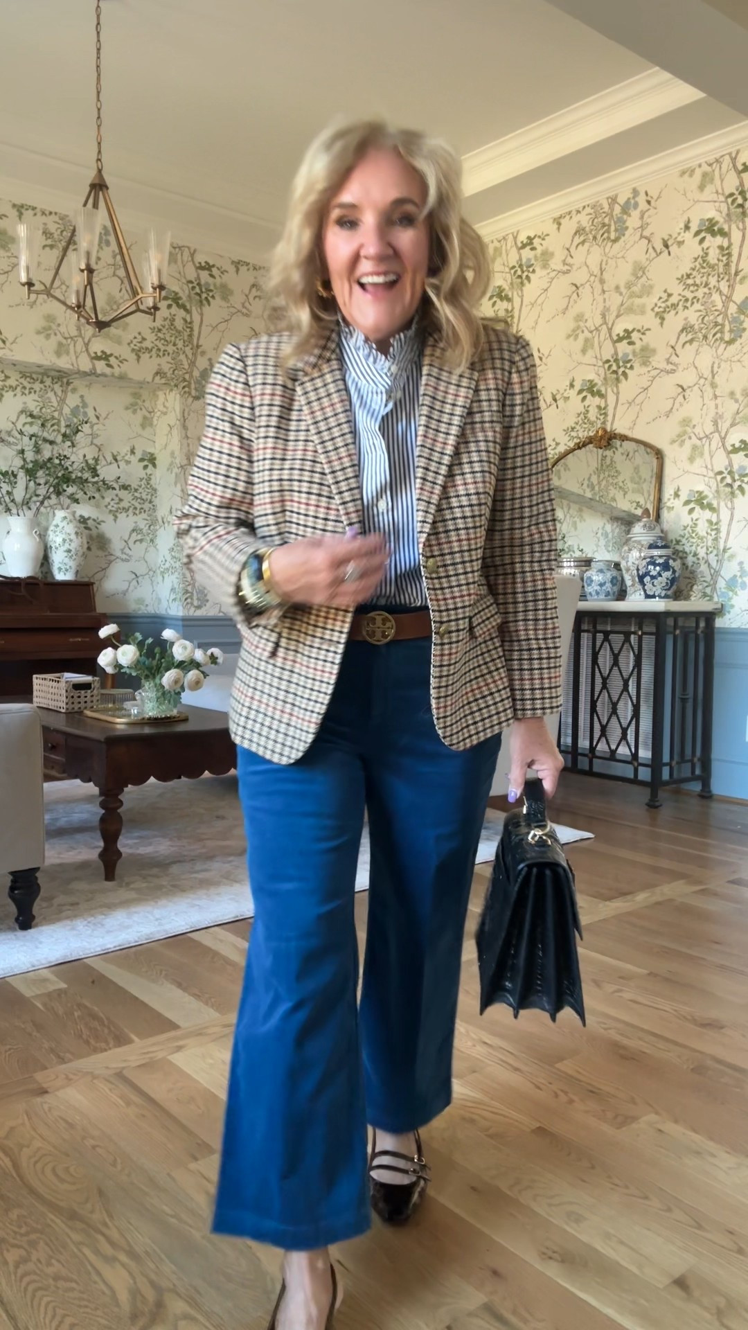 Elevated J.Crew factory style for business, casual teacher outfit
Plaid blazer fully lined size 12 regular 
Striped button-down, ruffle collar, blouse, size medium 
Wide leg ankle length corduroys size 29 petite 
Sling back leopard heels, true to size 
This is a classic Brahmin bag 

#LTKWorkwear #LTKOver40 #LTKSaleAlert