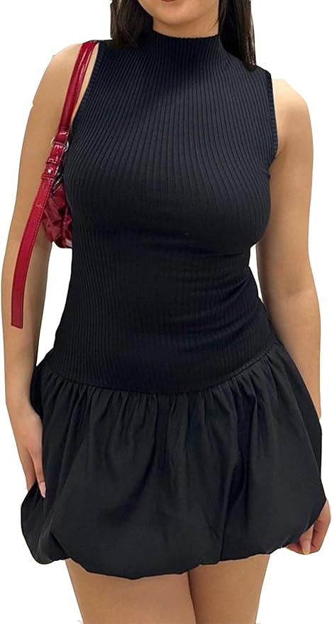 Mojessy Bubble Dress for Women Sexy Sleeveless Mock Neck Knit Mini Dress Y2K Cute Dress Bodycon S... | Amazon (US)