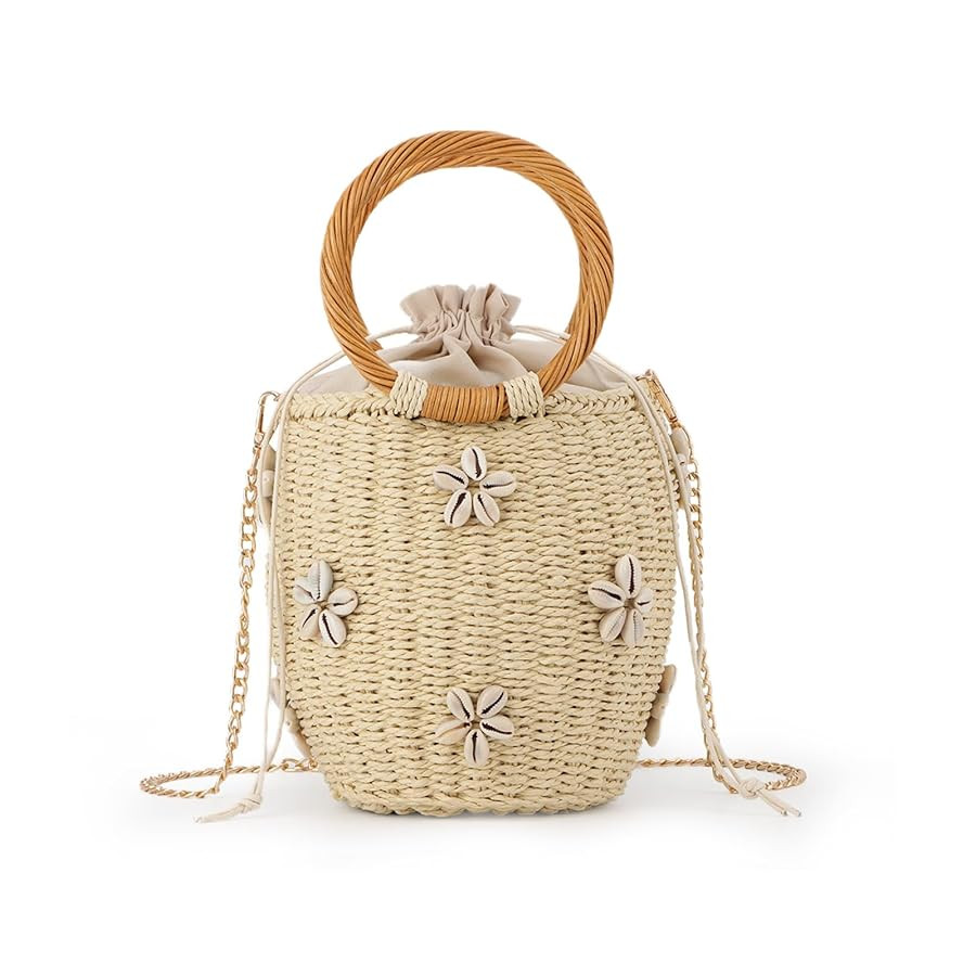 Fecialy Flower Pearls Rattan Tote Bag Straw Bags for Women Drawstring Straw Bucket Bag Summer Bea... | Amazon (US)