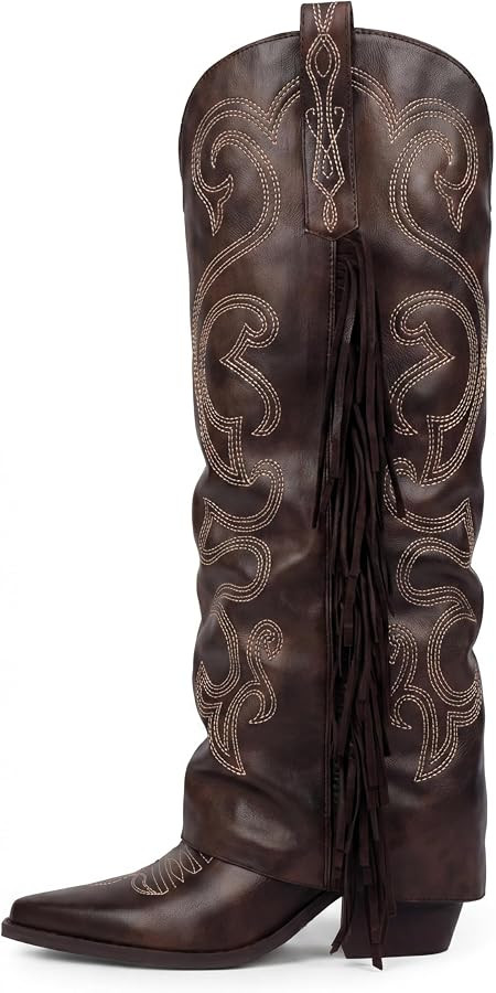 QIY Women's Fold Over Fringe Embroidered Western Cowboy Boots | Amazon (US)