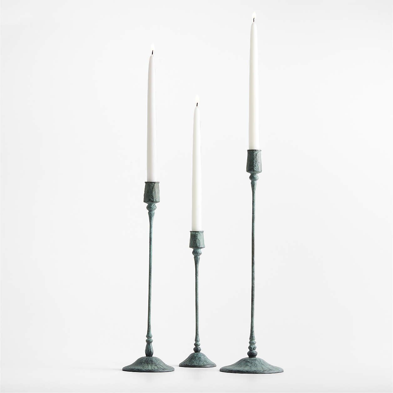 Luce Small Verdigris Taper Candle Holder 12" | Crate & Barrel | Crate & Barrel