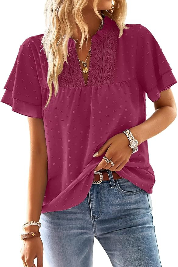 Falechay Womens Tops Butterfly Sleeve V Neck Blouses for Women Dressy Casual Flowy Swiss Dot Ruff... | Amazon (US)