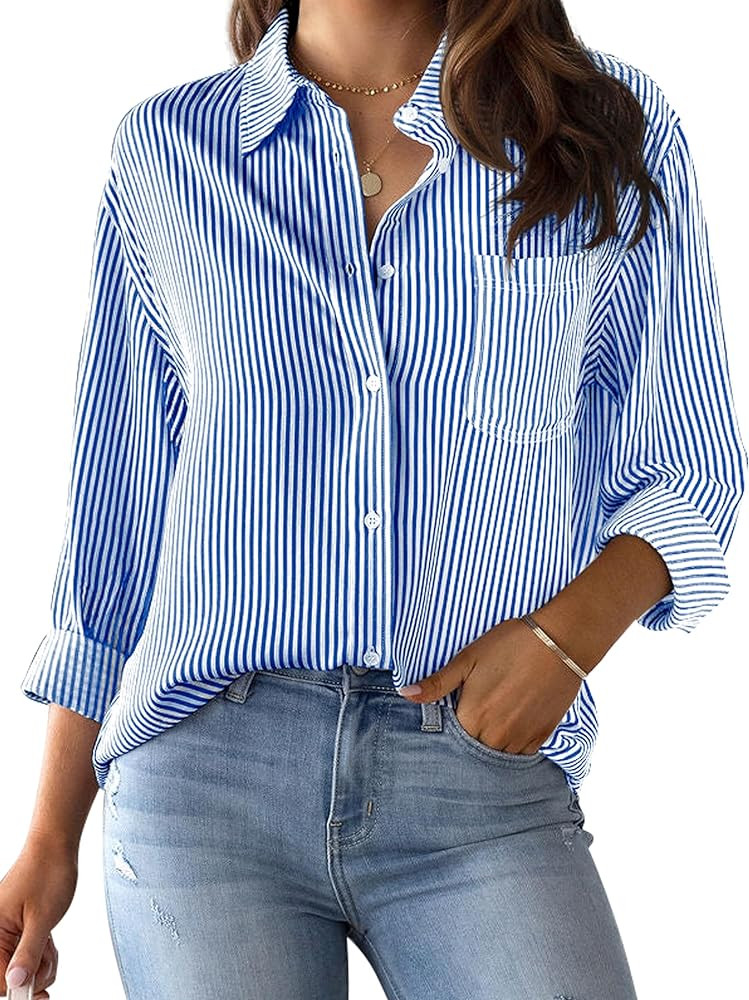 CUNLIN Grade 4 Wrinkle-Resistant Women's Button Down Shirts Striped Long Sleeve Collared Blouses ... | Amazon (US)