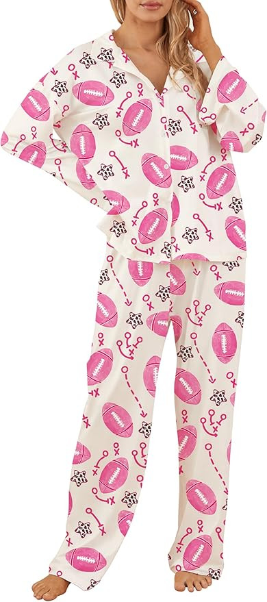 Womens Football Button Down Pajamas Set Long Sleeve Football Print Shirt Wide Leg Pants 2 Piece L... | Amazon (US)