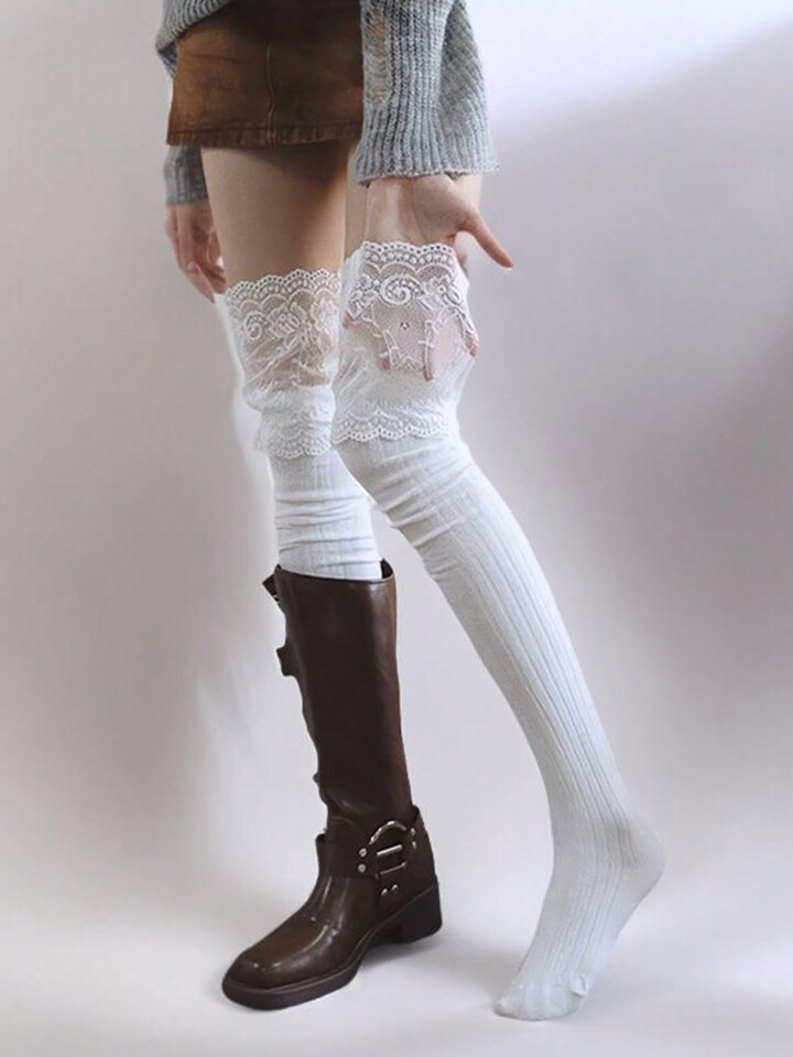 1 Pair Of Women's White Lace Knitted Knee High Socks, Paired With Long Boots For Fashionable Wear... | SHEIN