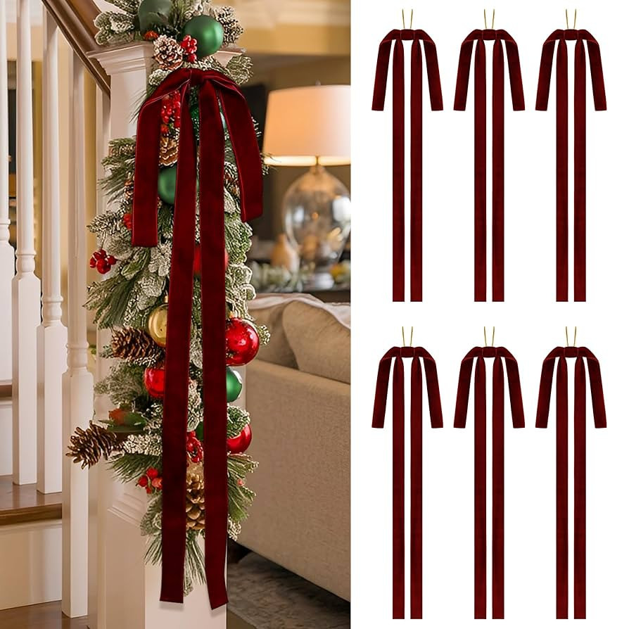 SIMISI RIBBON Burgundy Long Velvet Bows Ornaments for Christmas Tree, Wreath, Garland, Swag, Stai... | Amazon (US)