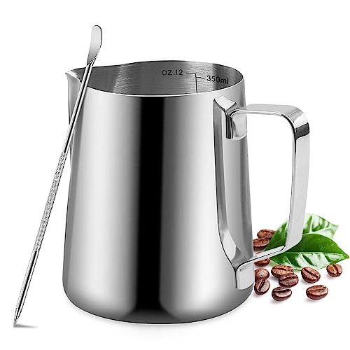 Milk Frothing Pitcher, 350ml/12oz Milk Frother Cup Stainless Steel Jug Steaming Pitcher, Milk Coffee Cappuccino Latte Art Barista Steam Pitchers Milk Jug Cup with Decorating Pen | Amazon (US)
