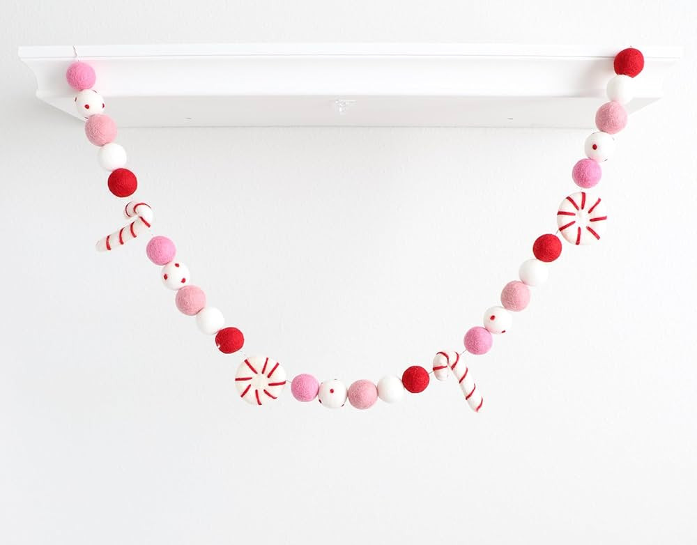 Mini Felt Factory | Christmas Felt Garland ~7 Ft 100% Wool Pom 2.5 cm Balls Candy Cane Peppermint... | Amazon (US)