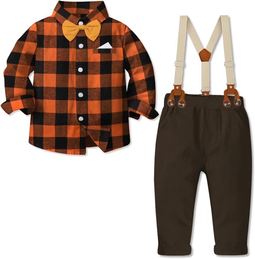 SANGTREE Baby Boys Gentleman Plaid Outfits Suit Set with Detachable Suspenders, 3 Months - 14 Yea... | Amazon (US)