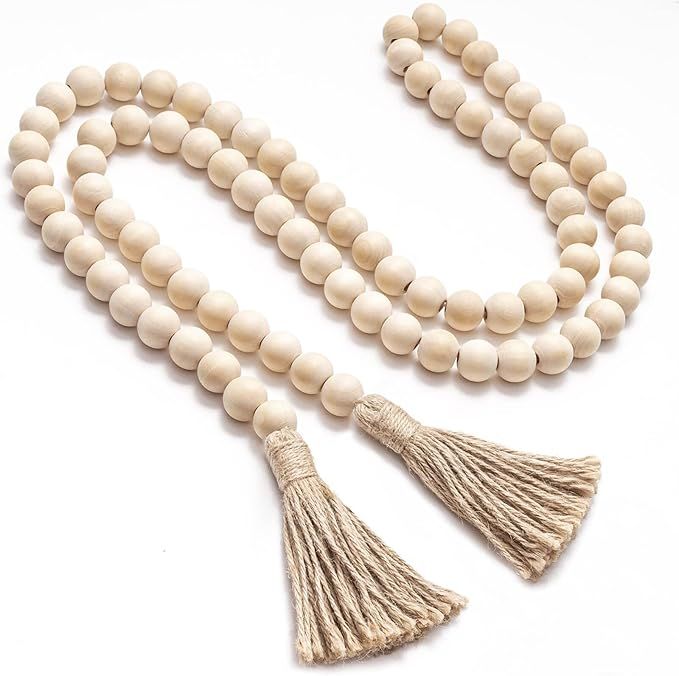 Farmhouse Beads with Tassels, White Natural Wood Bead Garland, Boho Prayer String Beads for Home ... | Amazon (US)