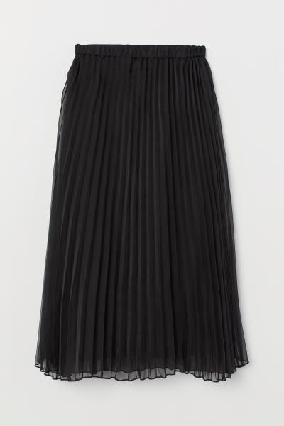 Pleated, calf-length skirt in woven fabric with a covered, elasticized waistband. Lined. | H&M (US + CA)