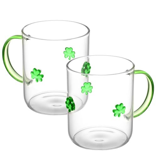 Potchen 2 Pcs Shamrock Icon Juice Glasses with Handle, 16 oz St. Patrick's Day Stemless Icon Glass Cups Cute Irish Drinking Cups Shamrock Gifts for St. Patrick's Day Party Drinkware Housewarming Gift | Amazon (US)