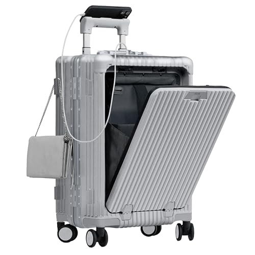 Nobl Travel Carry On Luggage, Noble Zipperless Aluminum Frame PC Hard Shell Suitcase, 20.8"x15"x8.7" Airline Approved, 360° Spinner Wheels, TSA Locks, USB Charging Port, Cup & Phone Holder - Silver | Amazon (US)