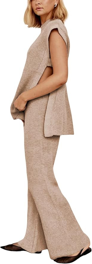 Lviefent Womens 2 Piece Outfits Sweater Set Sleeveless Side Slit Pullover Top Knit Wide Leg Pants... | Amazon (US)