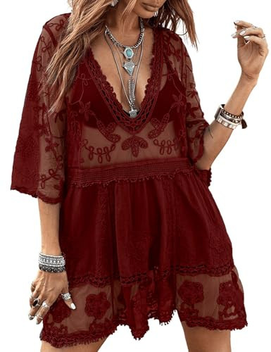 Eomenie Women's Contrast Lace Bathing Suit Cover Up V-Neck Swimsuit Coverups Loose Swimwear Beach Dress Beachwear Wine Red | Amazon (US)