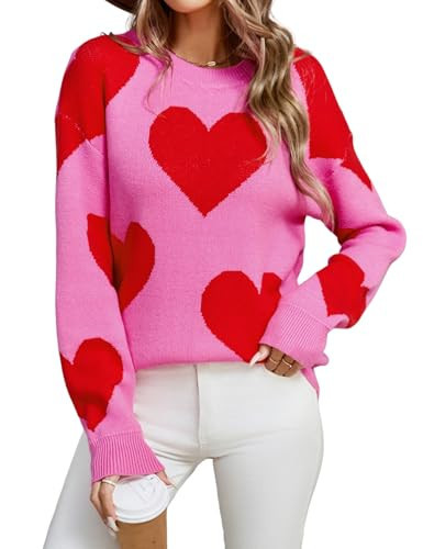 Wyeysyt Women Heart Sweater Cute Pullover Crew Neck Long Sleeve Casual Knitted Valentines Sweaters(Red-M) | Amazon (US)