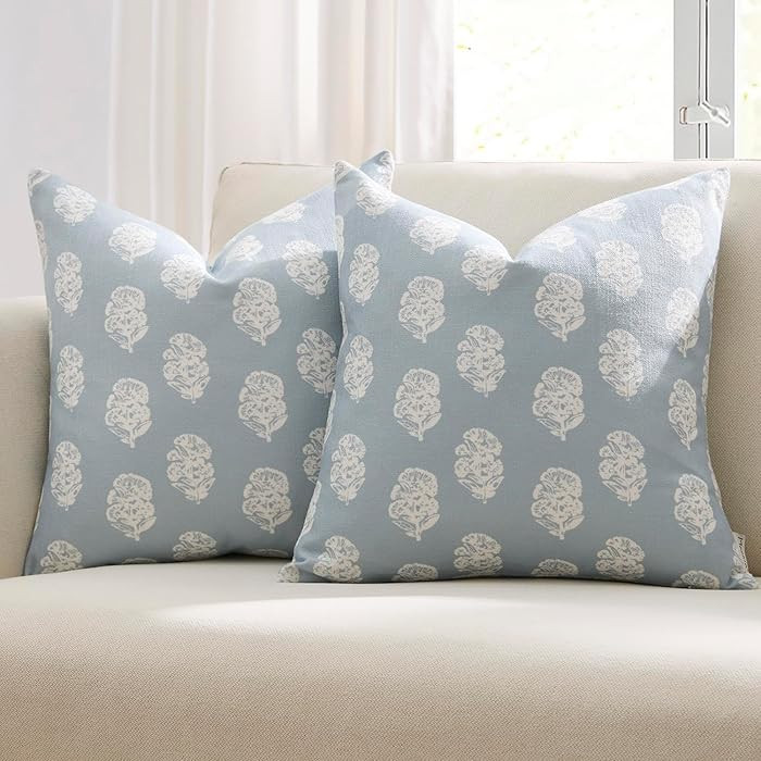 Meekio Set of 2 Light Blue Patterned Pillow Covers 20x20, Coastal Farmhouse Block Print Decorativ... | Amazon (US)