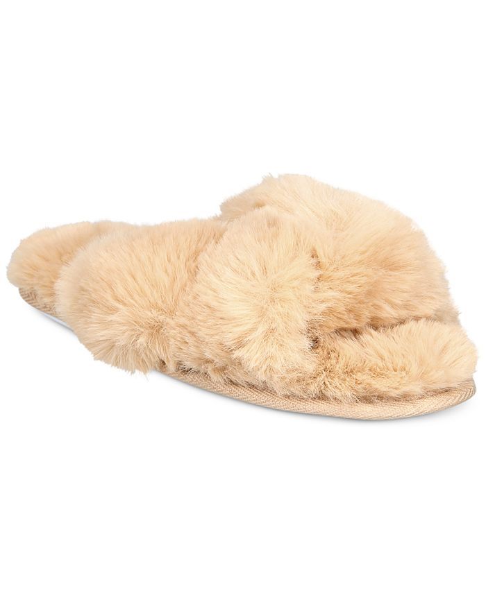 Women's Faux-Fur Solid Crossband Slippers, Created for Macy's | Macys (US)