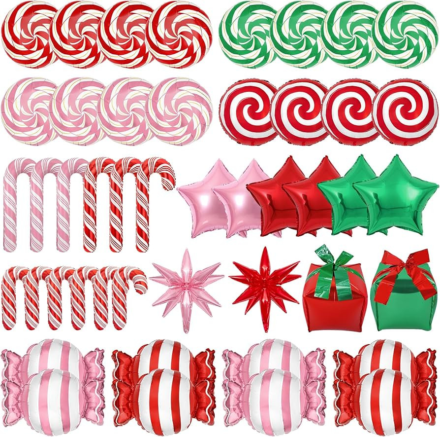 Ouddy Life 46 Pcs Christmas Balloons Set, Sweet Candy Cane Balloons Round Lollipop Cane Gift Box ... | Amazon (US)