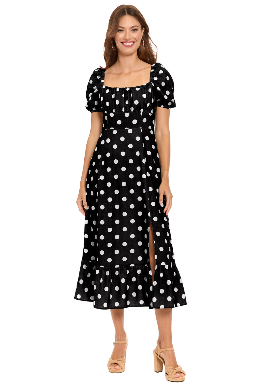 Kristin Puff Sleeve Midi in Quarter Dots A-Line | London Times | Maggy London