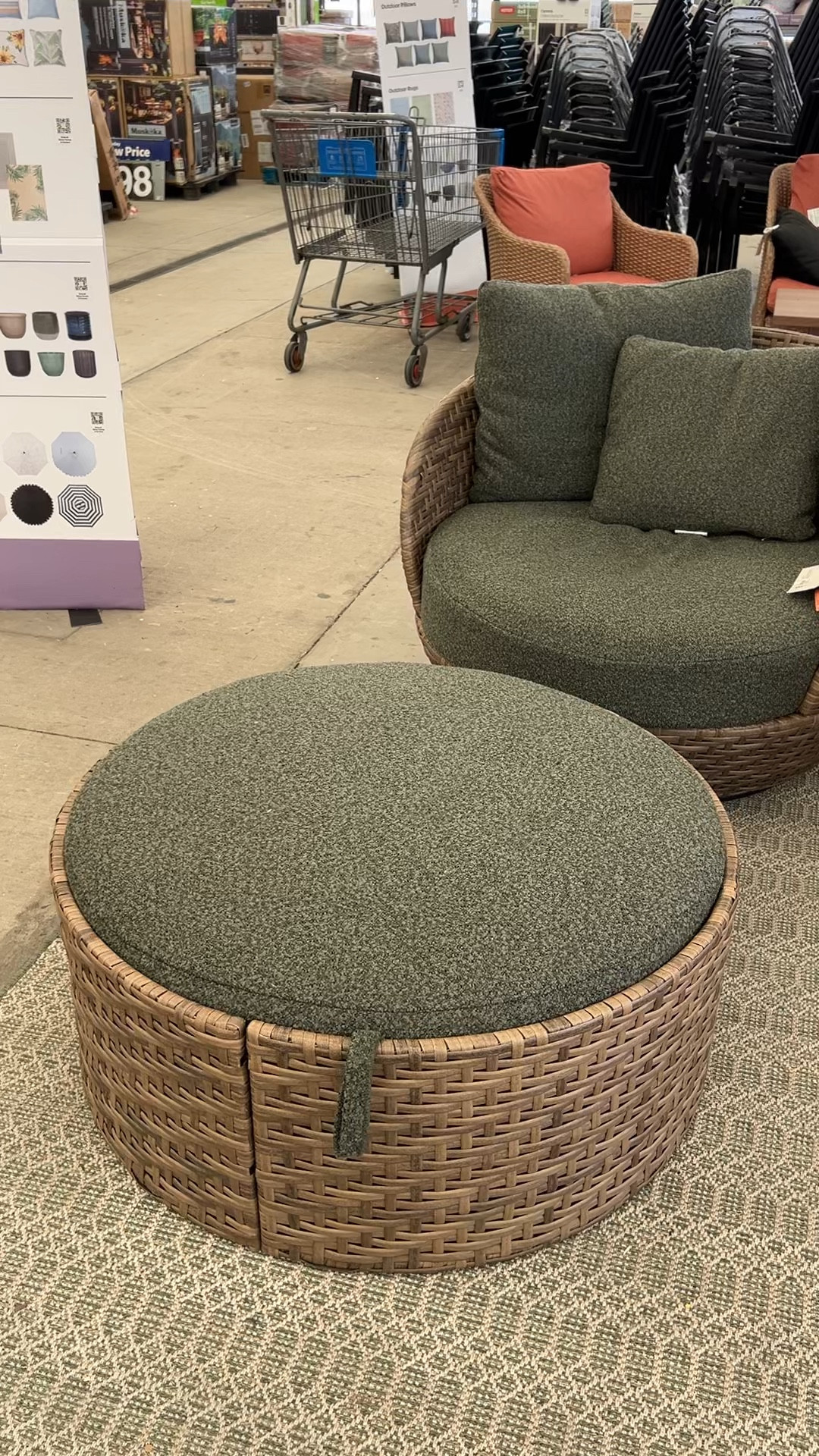 Walmart brown wicker and thyme boucle statement chair, storage ottoman coffee table and end table patio outdoor furniture cheap. #walmarthome 

#LTKHome