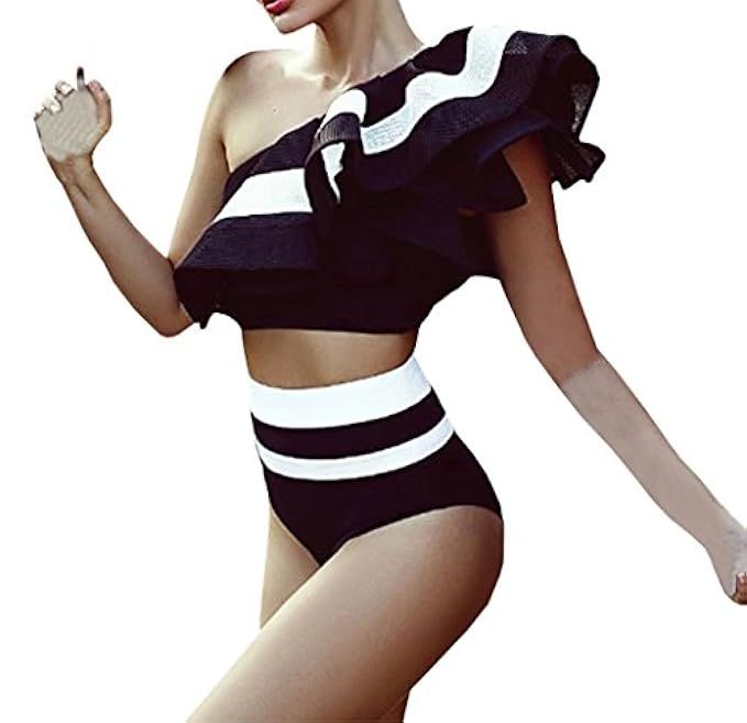 Gobought Women's Striped One Shoulder Ruffle Bodysuit High Waisted Bikini Swimsuit | Amazon (US)