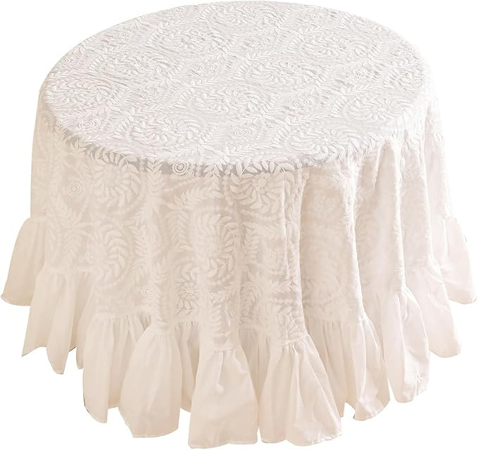 patdrea Vintage Ruffle Tablecloth for Round Tables,Farmhouse Embroidered Cotton White Lace Table ... | Amazon (US)